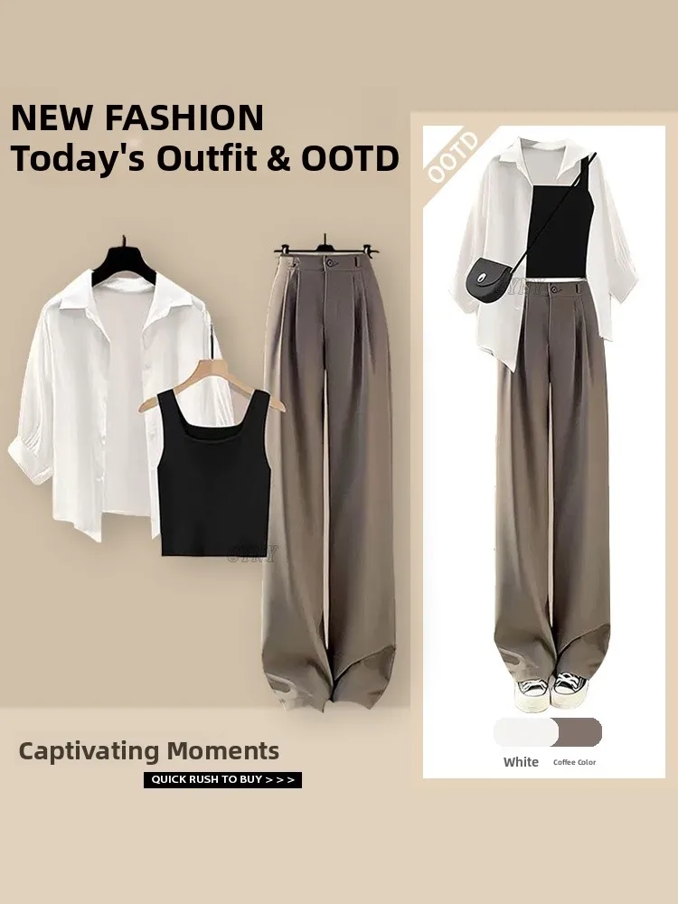 

Fashionable Summer Outfit Women's Long Sleeve Shirt Vest Casual Pants Three Piece Set Anti Aging Stylish Ensemble for Ladies