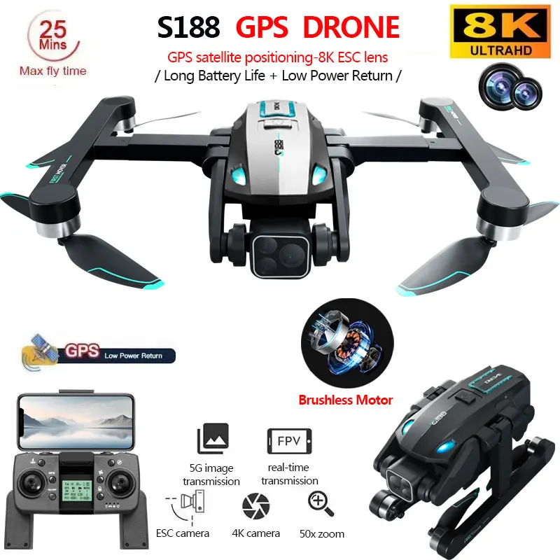 S188 GPS Drone 8K Professional HD Dual Camera 5G Wifi Obstacle Avoidance Brushless Foldable Quadcopter RC Distance 2KM Drones