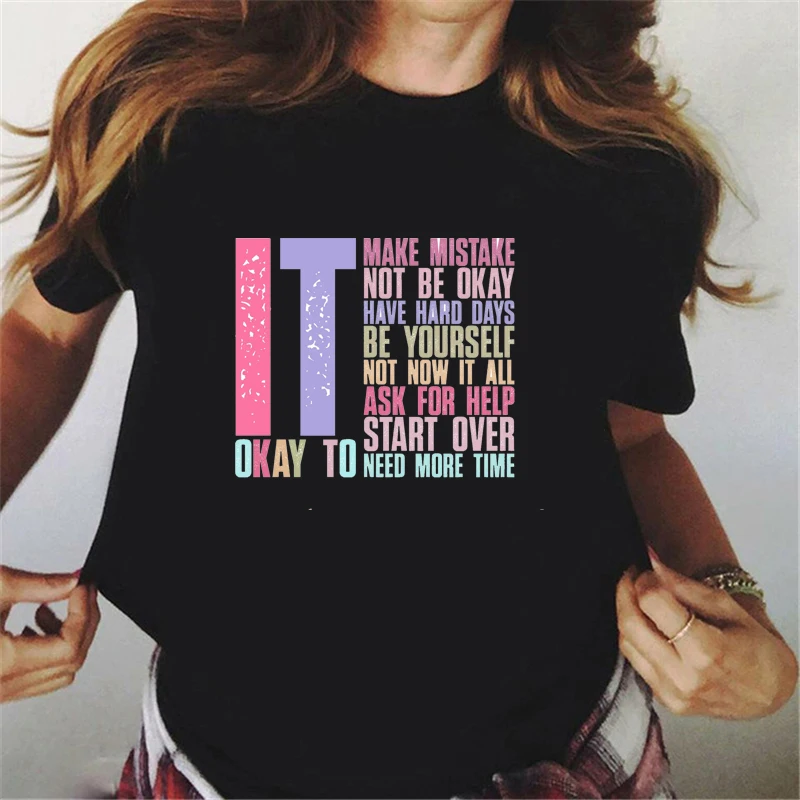 Retro It'S Okay To Make Mistakes Be Yourself , Mental Health ,Trendy Women T-Shirt Art Design Female Tshirt Summer Shirt Tops