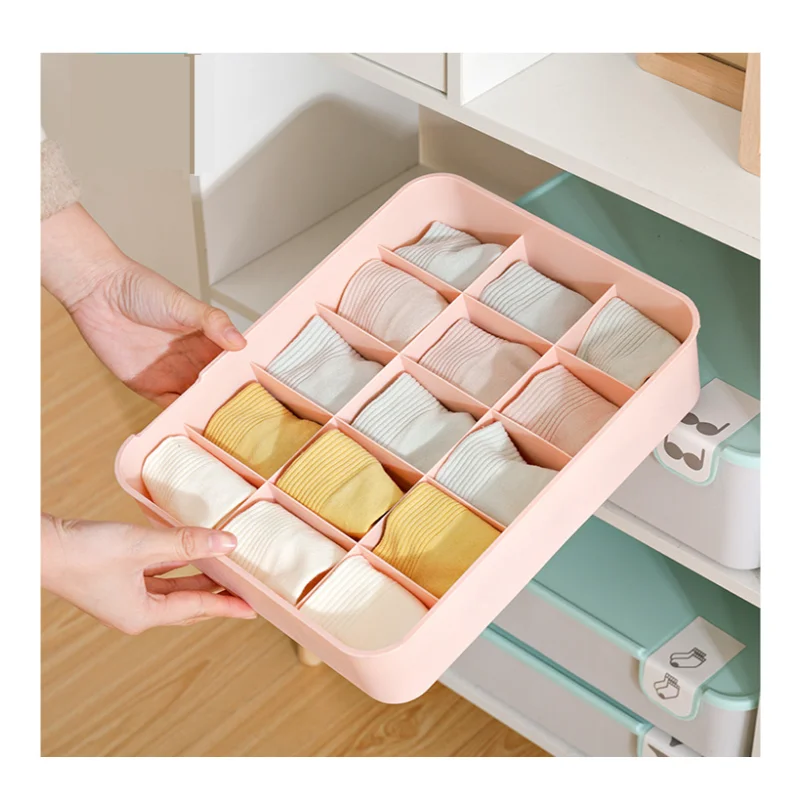 10/15 Grid Plastic Underwear Storage Box with Mark Closet Organizer Drawer for Underwear Socks Box Bra Organizer with Cover