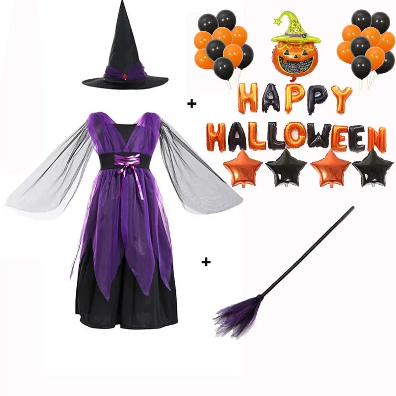 Toddler Girls Purple Wicked Witch Costume Kids Scary Cosplay Witchcraft Costume Latex Balloons Halloween Party Decorations