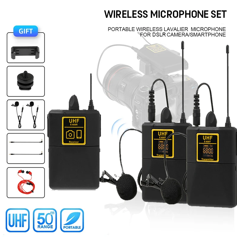 Professional UHF Wireless Lavalier Microphone with Audio Monitor Function Mic 2 Channels 80m Range for DSLR Cameras Interview