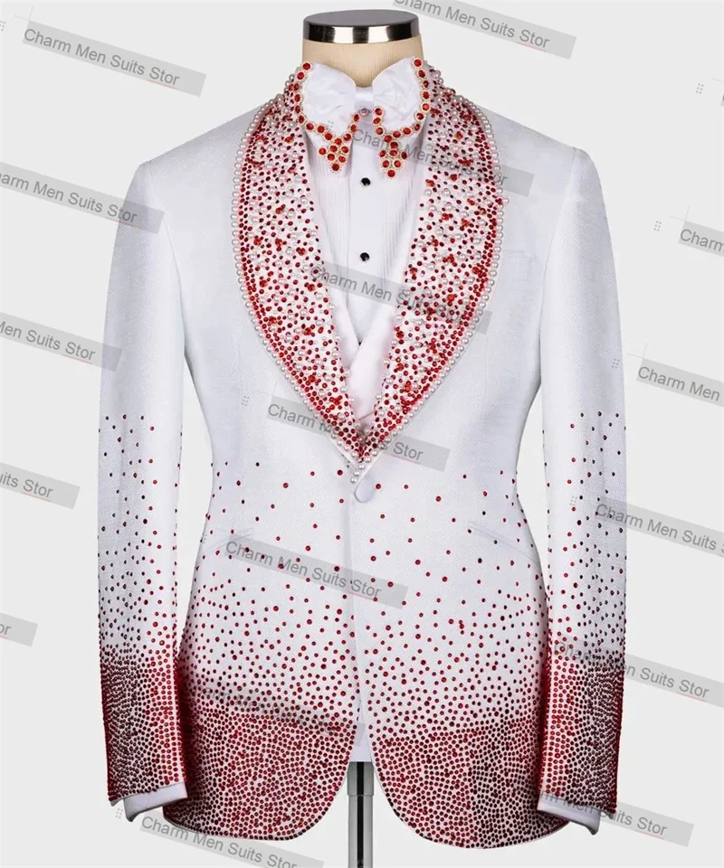 White Beaded Men Suits Set 2 Piece Blazer+Pants Custom Made Groom Wedding Tuxedo Jacket Office Business Coat Trousers Tailored