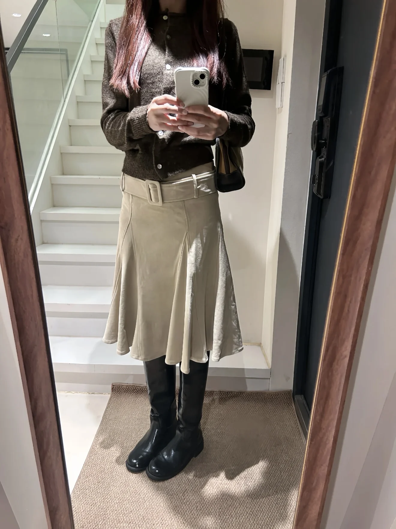 

TheLike Original Suede A-Line Skirt Lightweight Swinging Midi Commuter Skirt Versatile Beige Casual High Waist