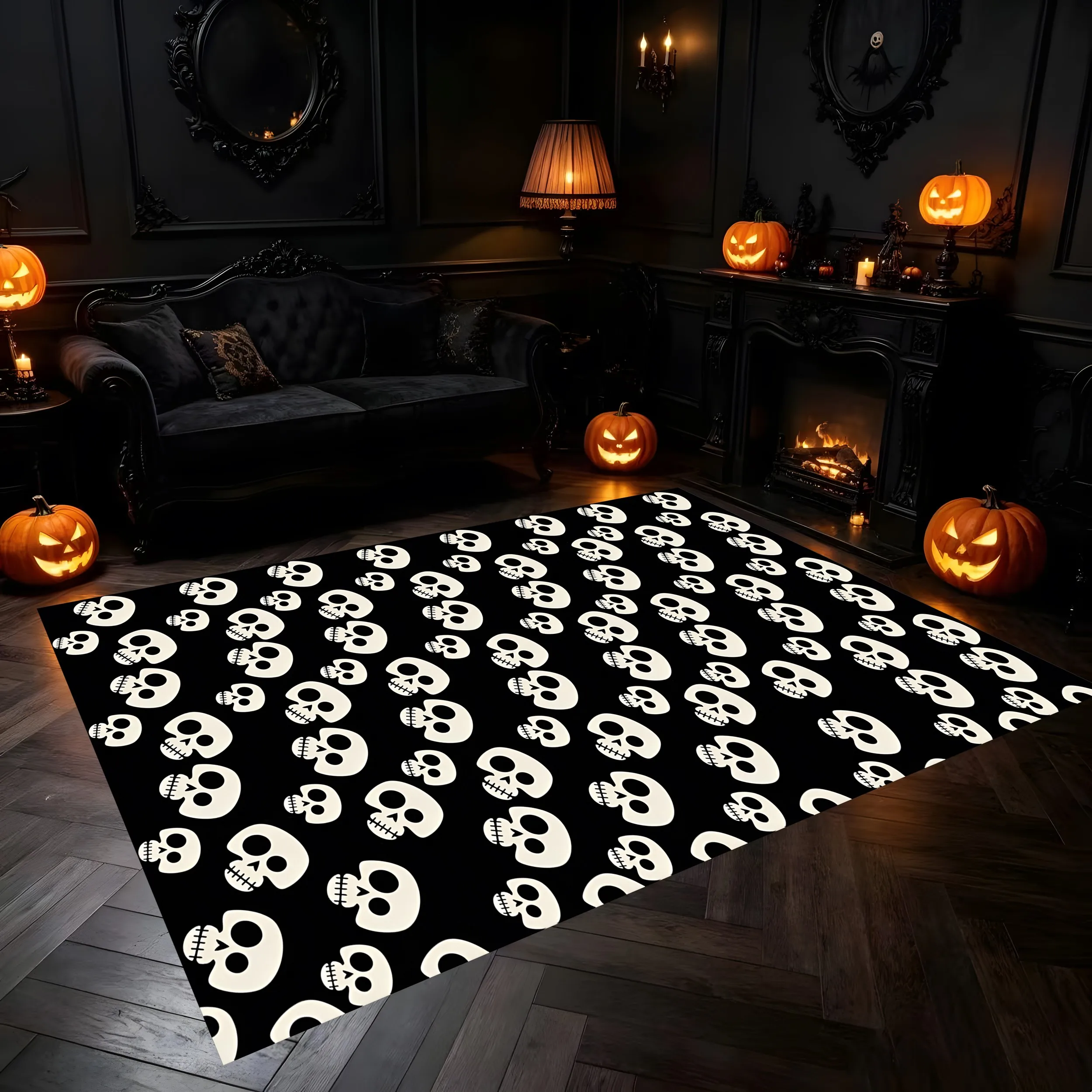 Cartoon Skull All-Over Print 2D Area Rug in Dark Quirky Style for Home, Halloween Party Decor