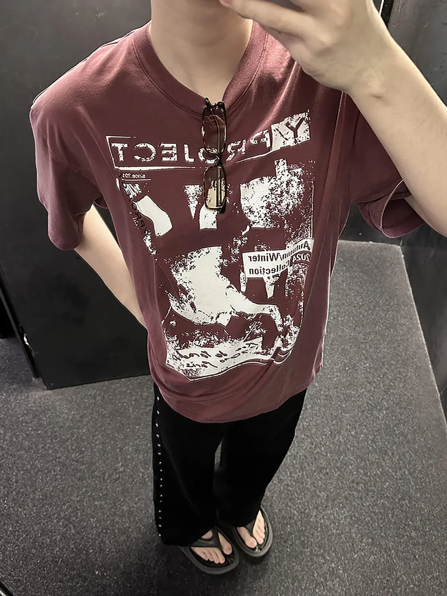 Y/project washed and made old oblique pleats printed short sleeves casual loose creative sports T-shirt