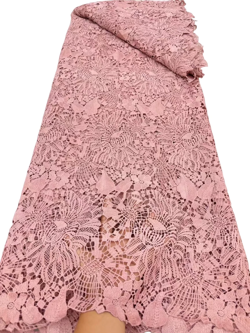 

Fashion African Nigerian High-Quality Flower Lace Fabric Pure Embroidery Tulle Guipure Water-Soluble 5 Yards For Wedding Dresses