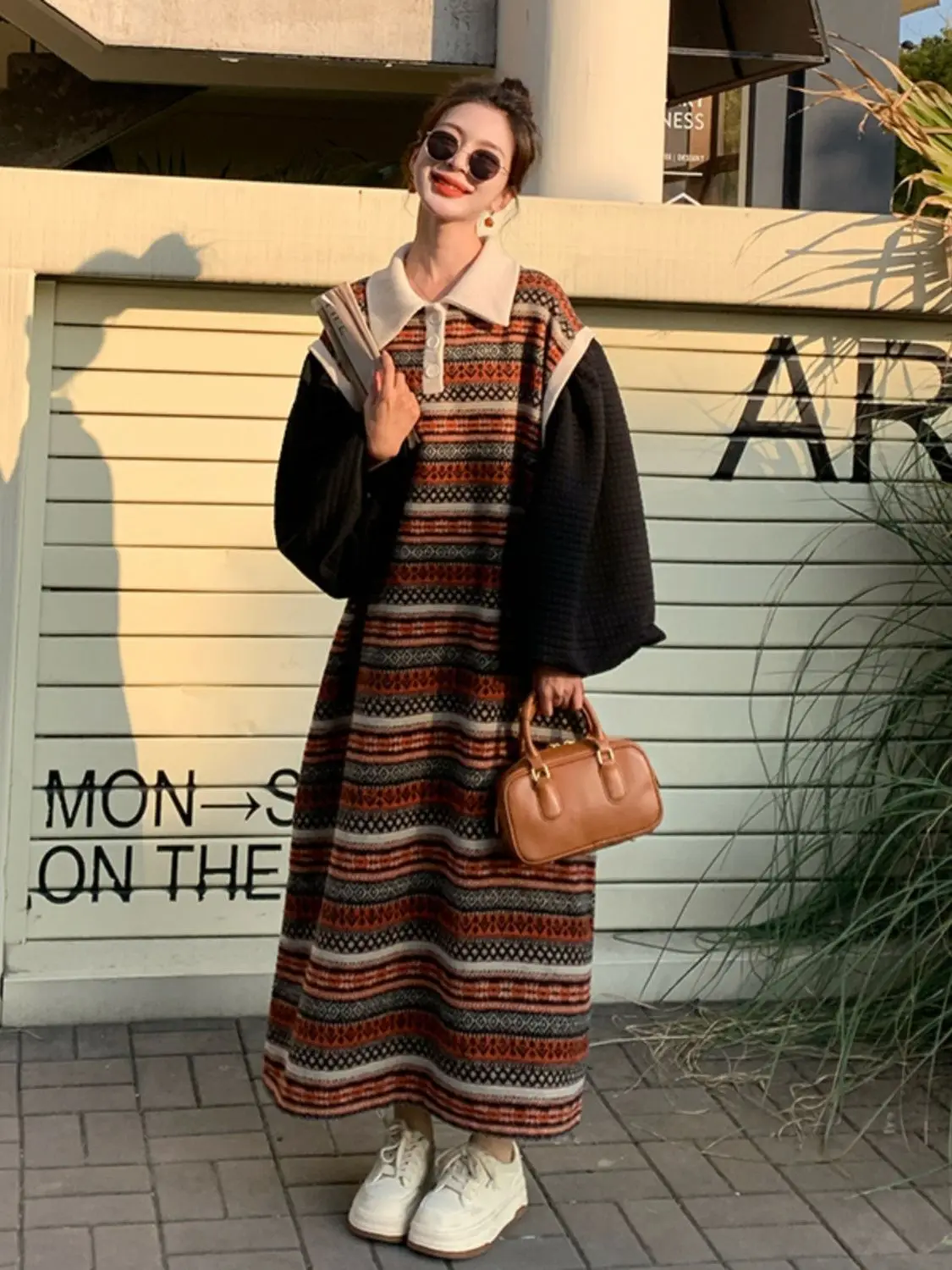 

plus Size Women's Knitted Dress High Waist Striped Long Dress Trendy Patchwork Autumn Winter Long Sleeve Button up Dress