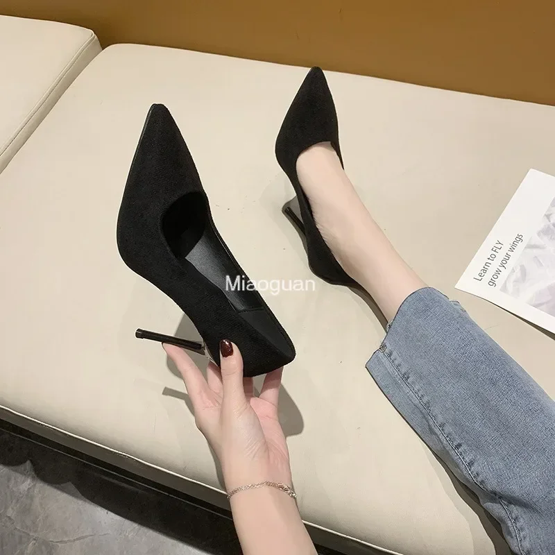 Women\'s Shoes Concise Flock High Heels Woman Pumps Pointed Toe Classic Black Sexy Party Ladies Wedding Shoes Office Big Size 43