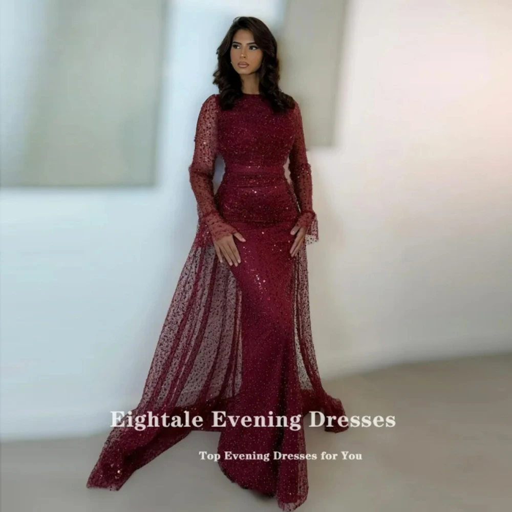 

Eightale Arabic Evening Dress Luxury Customized O-Neck Sequin Pearls Mermaid Burgundy Prom Wedding Party Gown Vestidos De Gala