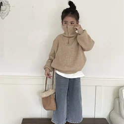 Children Clothing Sweater Korean Style Large Lapel Pullover Sweater for Baby Girls Autumn and Winter New Casual Zipper Sweater