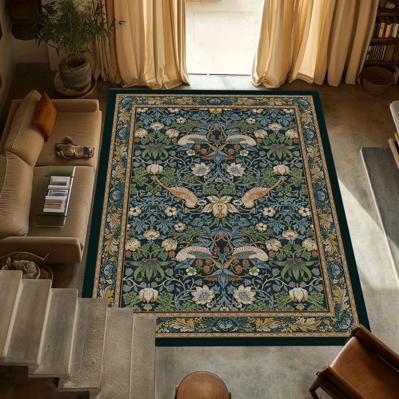 Vintage Botanical Pattern Area Rug Artistic Floral Floor Carpet for Living Room Bedroom Bohemian Themed Non-Slip Home Decor