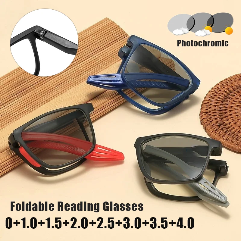 

Portable Folding Photochromic Presbyopia Glasses Anti-blue Light HD Ultra-Lightweight Business Reading Glasses Diopter 0 To +4.0