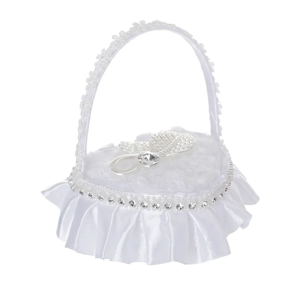 White Lace Heart-shaped Ring Box Bow-knot Satin Material Ring Pillows Case Mini with Handle Wedding Ring Pillows view 6