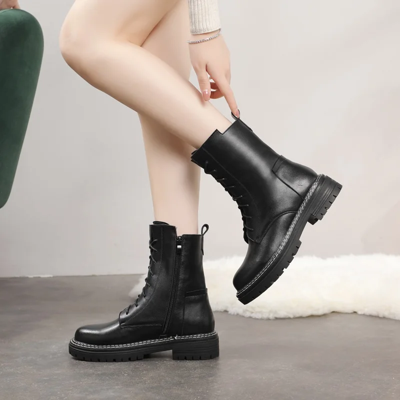 DRKANOL Fashion Handmade Winter Warm Women Boots 2022 Genuine Leather Flat Heel Motorcycle Boots Women Mid Calf Leather Boots