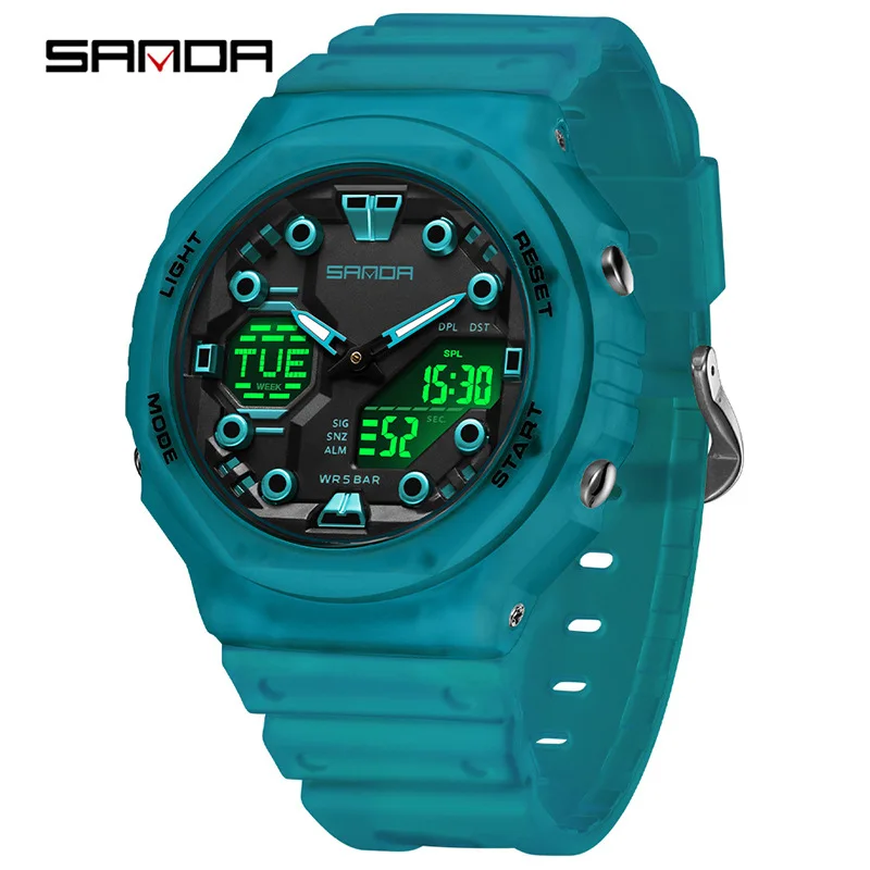 SANDA6200 Trendy Cool Sports Electronic Watch Waterproof Dual Display Countdown Night Light Multifunctional Trendy Student Watch