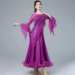 Dance Costume Waltz Ballroom Dress Standard Luxury Women's Horn Sleeve Mesh Fish Scale Sequin Large Swing dress Stage Costume