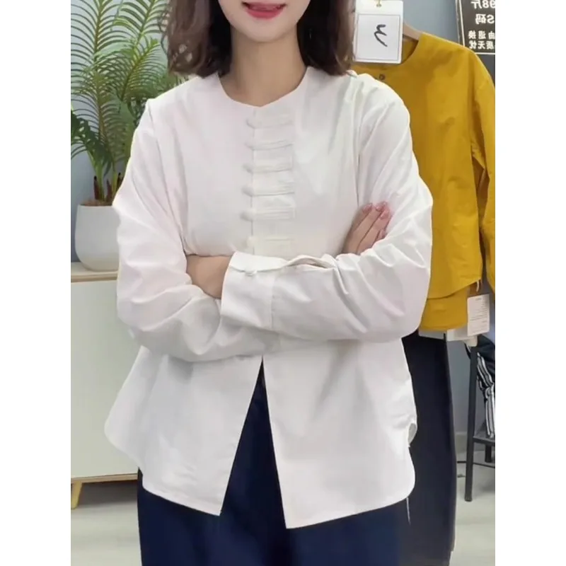 

Белая хлопковая блузка премиум-класса в современном китайском стиле с пуговицами, женская свободная блузка с длинным рукавом и круглым вырезом