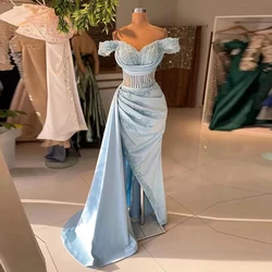 Fascinating Sexy Summer Elegant Evening Dresses Gorgeous Blue Satin Casual Party Sheath Off Shoulder Mopping Long Dresses 2023