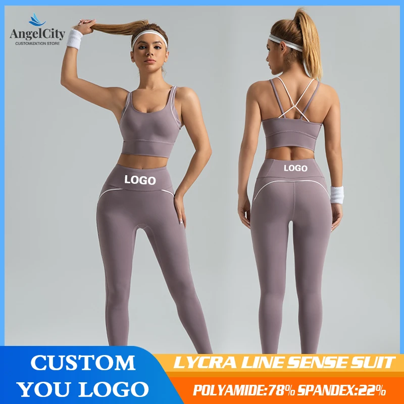 

Индивидуальный комплект для йоги с принтом логотипа, женская спортивная одежда, комплект для фитнеса, йоги, спортивный комплект, высокоэластичный спортивный бюстгальтер с высокой талией