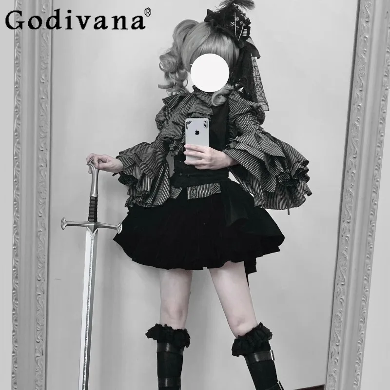 

Halloween Dark Style Set for Women Lace Up Patchwork Shirt Slim Vest High Waist Skirt Outfits Female Japanese Lolita Skirt Suit