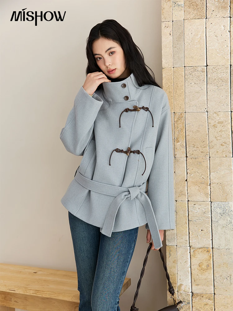 

MISHOW Blue Woolen Coat Women 2025 Winter New Double-breasted Lace Up Coat Mid-length Windbreaker Women's Clothing MXE51W0872