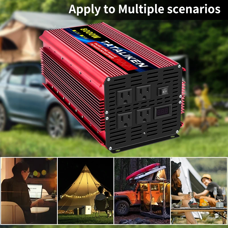 8000W Pure Sine Wave Power Inverters DC 12V/24V to AC 110V/220V 60HZ with 4 AC Outlets for Home RV Solar System Car