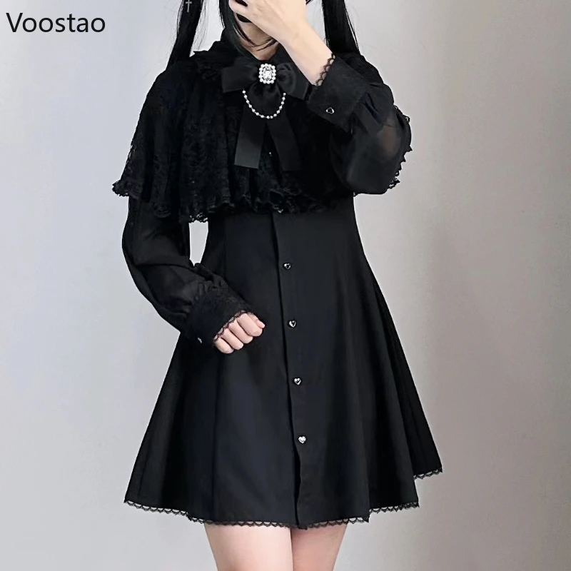 Japanese Gothic Style Rhinestone Pearl Bow Dress Women Lace Ruffles Shawl Long Sleeve Slim Shirts Dresses Lolita Y2k Party Dress