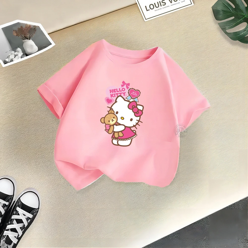 Kids Summer Comfort 100% Cotton Cute Boys Girls Cotton T-shirt Hello Kitty Creative Print Street Casual Y2K Cotton Boys GirlsToP