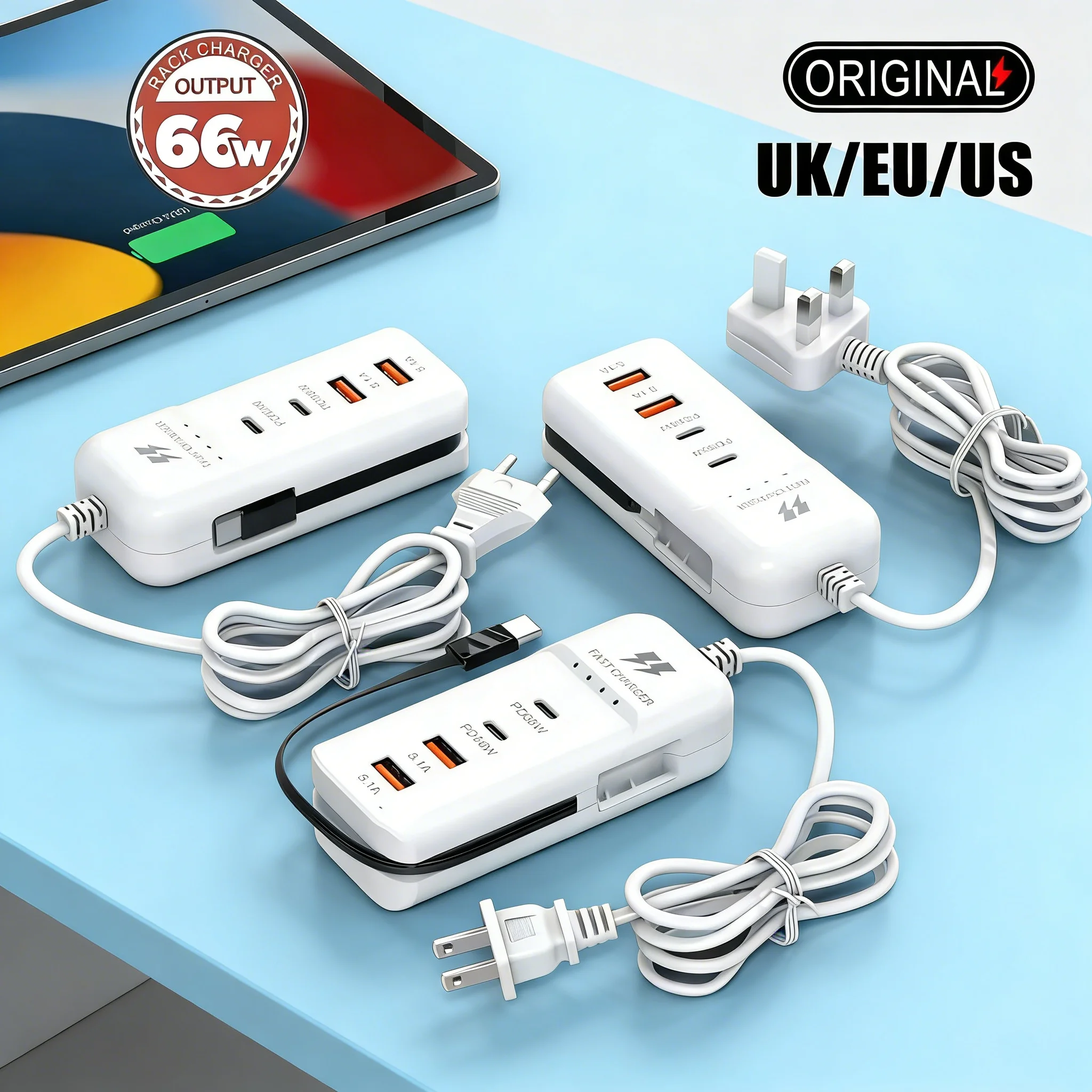 Adaptador de corriente con enchufe para UE, Reino Unido y EE. UU., con cable de extensión, 2 puertos USB-A, 2 puertos USB-C, cargador portátil para teléfono móvil, toma USB.