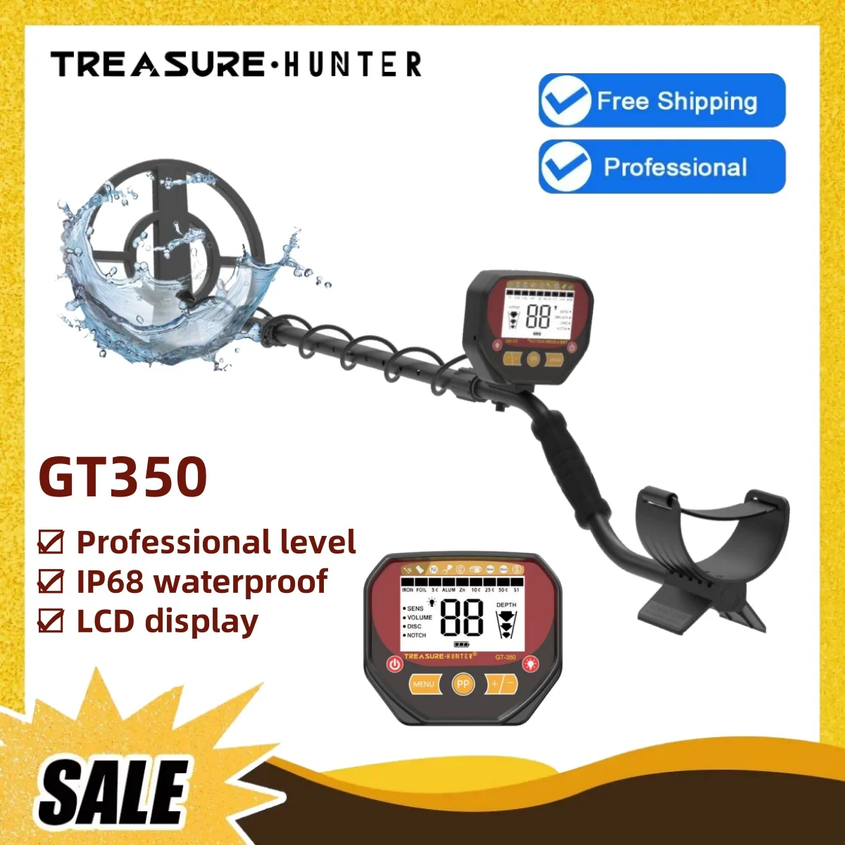 Professional Underground Metal Detector GT350 Gold Digger Treasure Hunter Pinpointer LCD Display 10'' Searchcoil