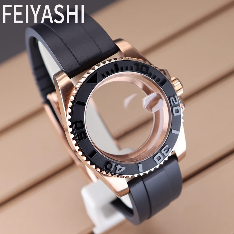 40mm Rose Gold Watch Cases Rubber Strap For Seiko NH34 NH35 NH36 NH38 Miyota 8215 Eta 2824 Movement Sapphire Glass 28.5mm Dial