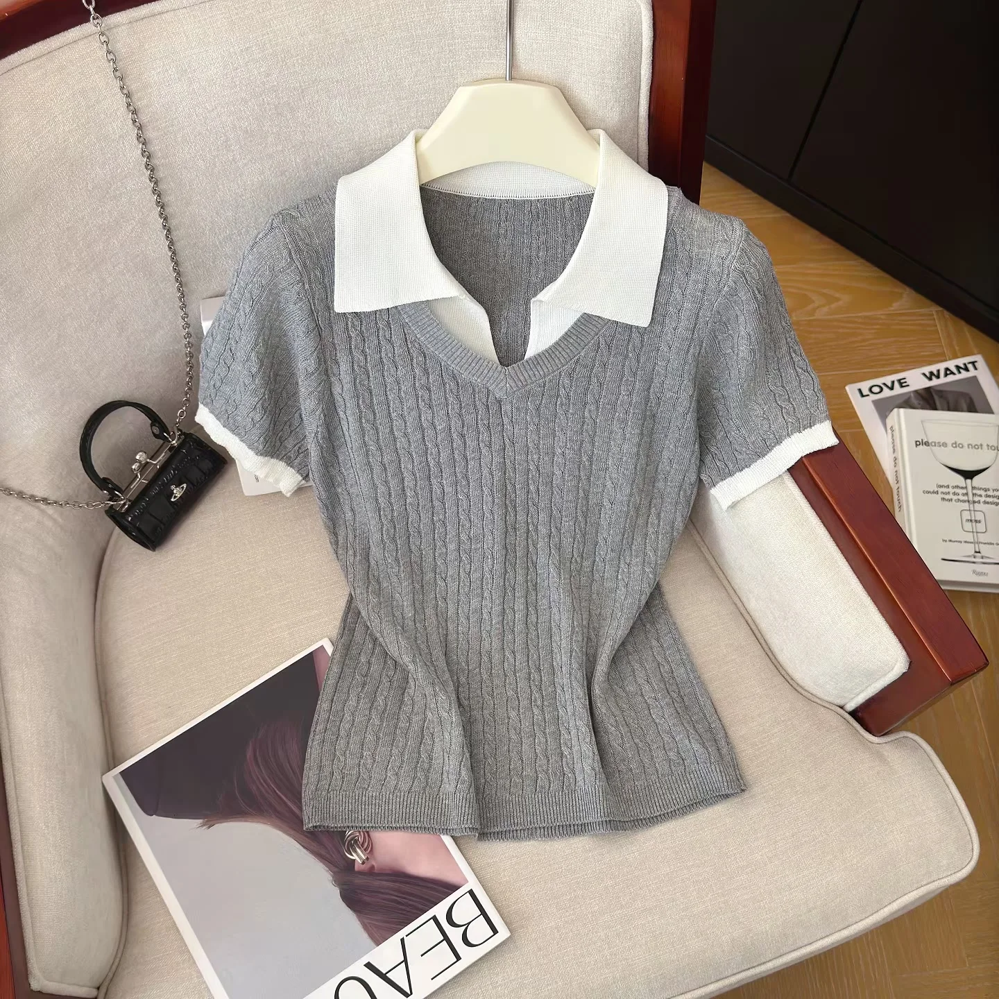 Women's Grey T-shirt Fake Two-piece Knit Short Sleeve T-shirt Korean Style Y2K Gyaru Knitwear Retro Elegant Top for Women Summer