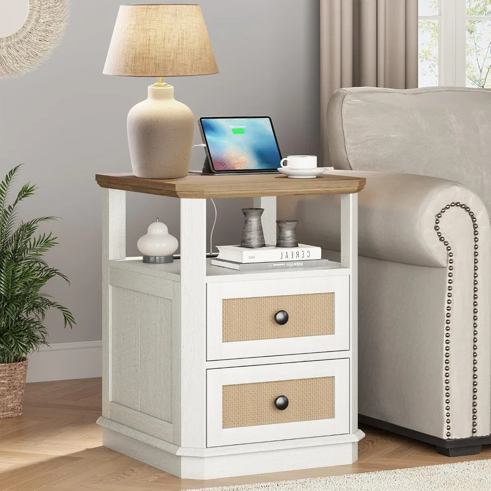 

End Table with Charging Station, 24” Tall Sofa Side Table with Rattan Drawer, Anti-Collision Angle Wooden Night Stand for Living