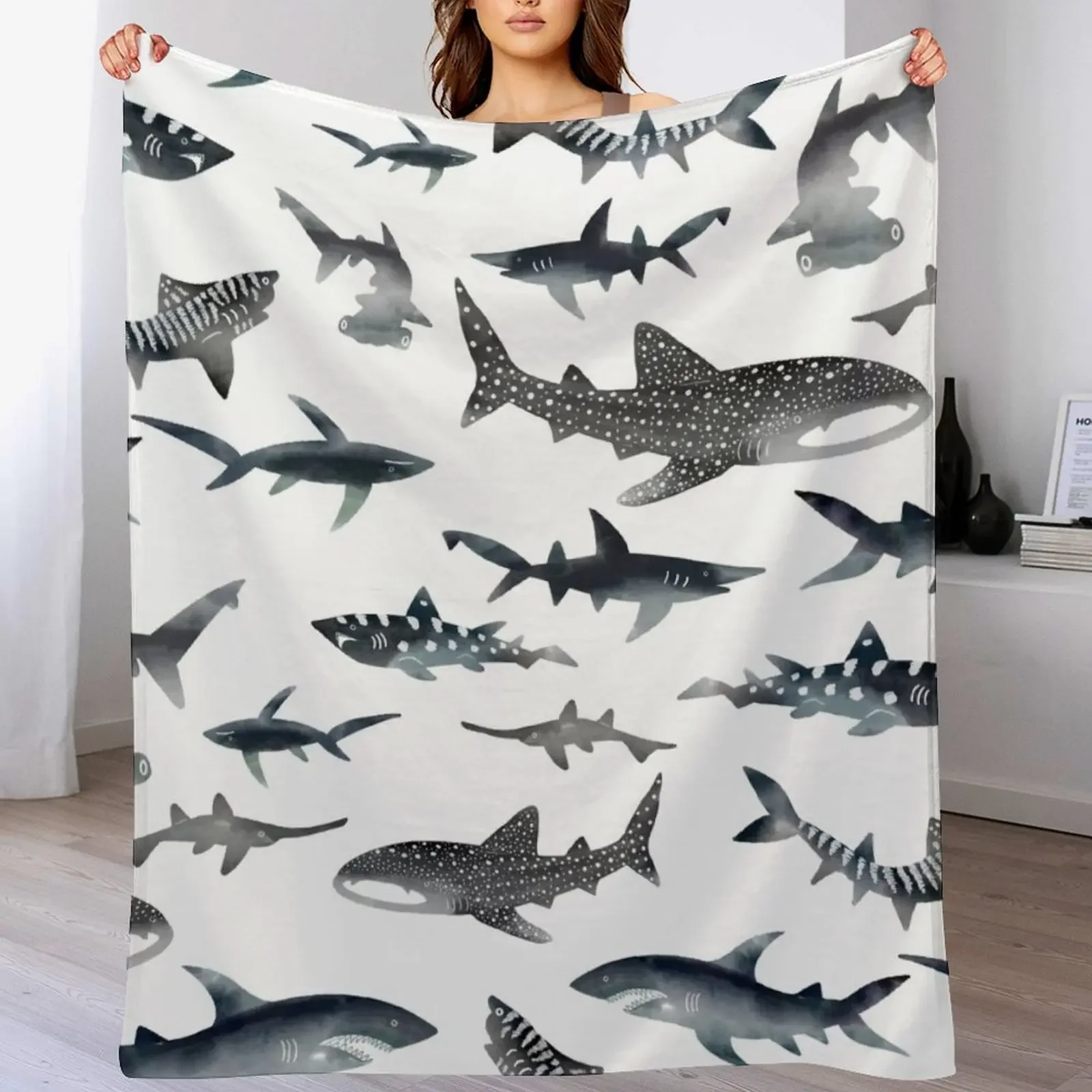 Sharks! Sharks! Sharks! Dark Ocean Watercolour Throw Blanket Fade Resistant Durable Throw Blanket