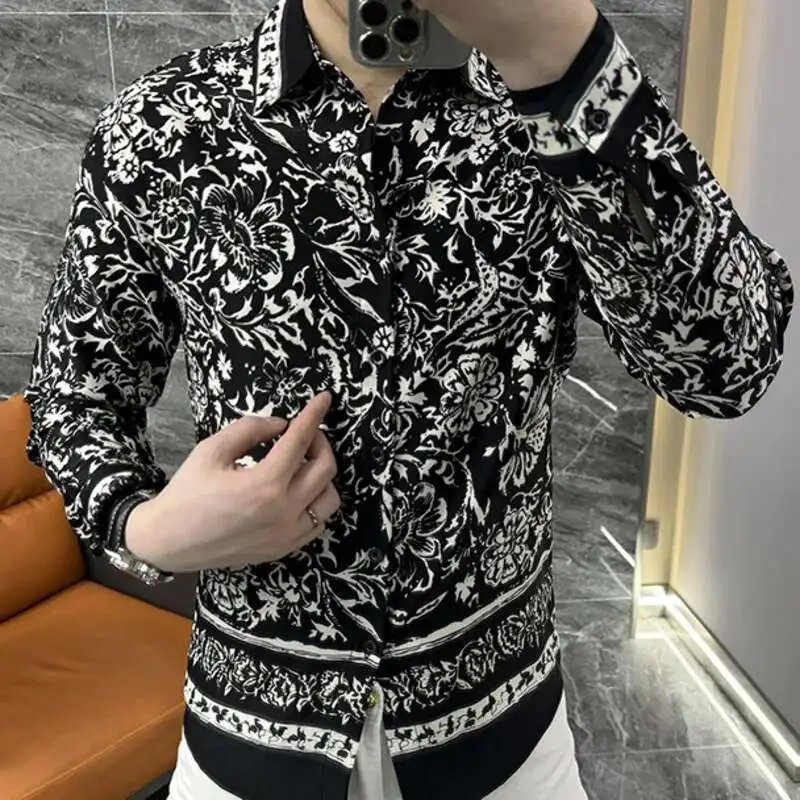 男性用のトレンディなプリント長袖シャツ,韓国のデザイナーシャツ,スリムフィット,カジュアル,レトロ,ファッショナブル,新しい