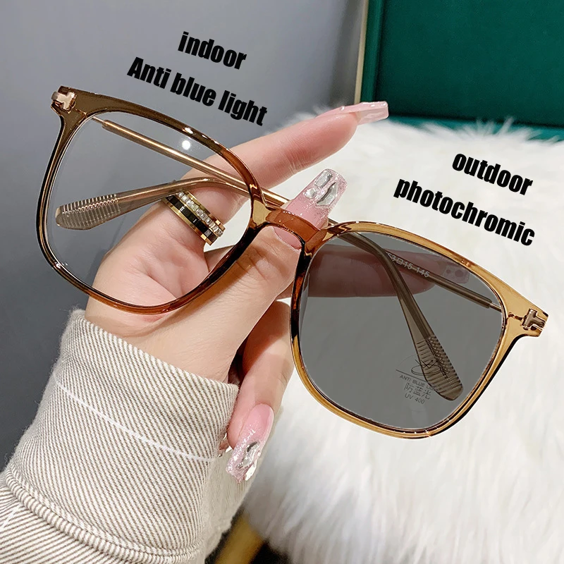 

Fashion Big Square Metal Frame Men Photochromic Glasses Anti-Blue Light Color Change Glasses Women Men Eye Protection Spectacles