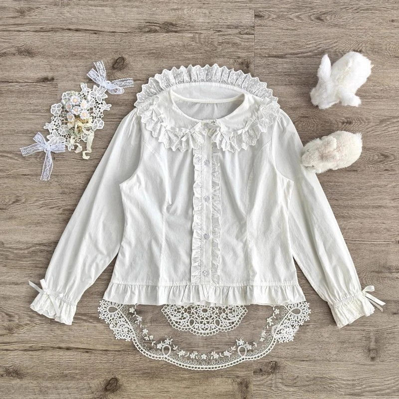 Kawaii Lolita White Bow Shirts Women Japanese Cutecore Lace Ruffles Pink Blouses Harajuku Gothic Black Long Sleeve Casual Tops