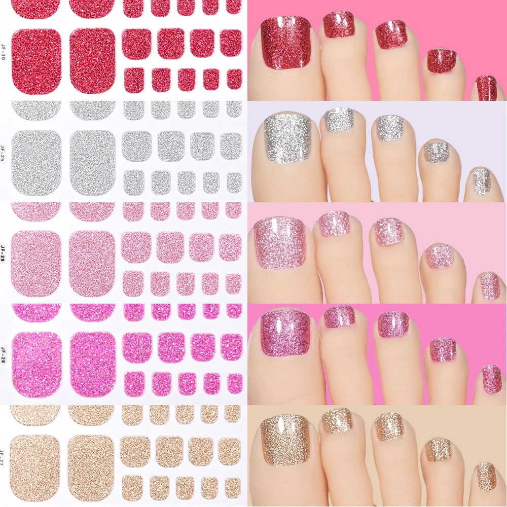22Tips/Sheet Glitter Toenail Stickers Full Cover Waterproof Self-Adhesive Toe Nail Wraps for Summer Toe Nail Polish Strips Decor