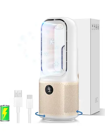 자세히 둘러보기 탁상용 선풍기 소형 저소음 날개 없는 테이블 팬 USB 충전식 60 ° 진동 9단 속도 조절 터치 컨트롤 미니 팬