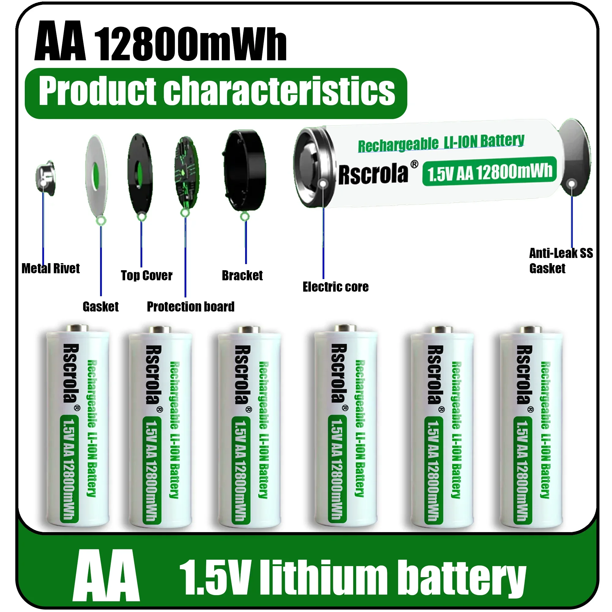 Rscrola قابلة للشحن 1.5 فولت AA 12800mWh بطارية أيون الليثيوم شحن سريع مع شاحن لساعة كامير مروحة ماوس ألعاب كهربائية