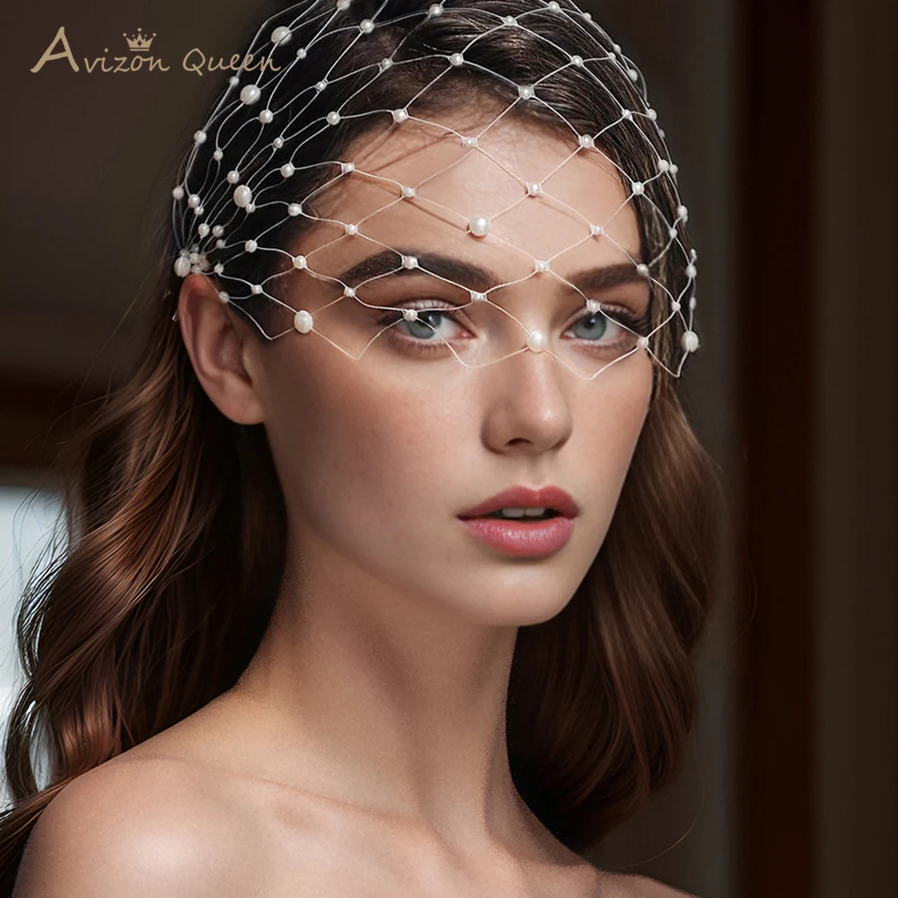 TOPQUEEN Imitation Pearl Embellished Bridal Veil Wedding Accessories White Mesh Women Birdcage Veil Custom Masquerade Match MA52 image 2