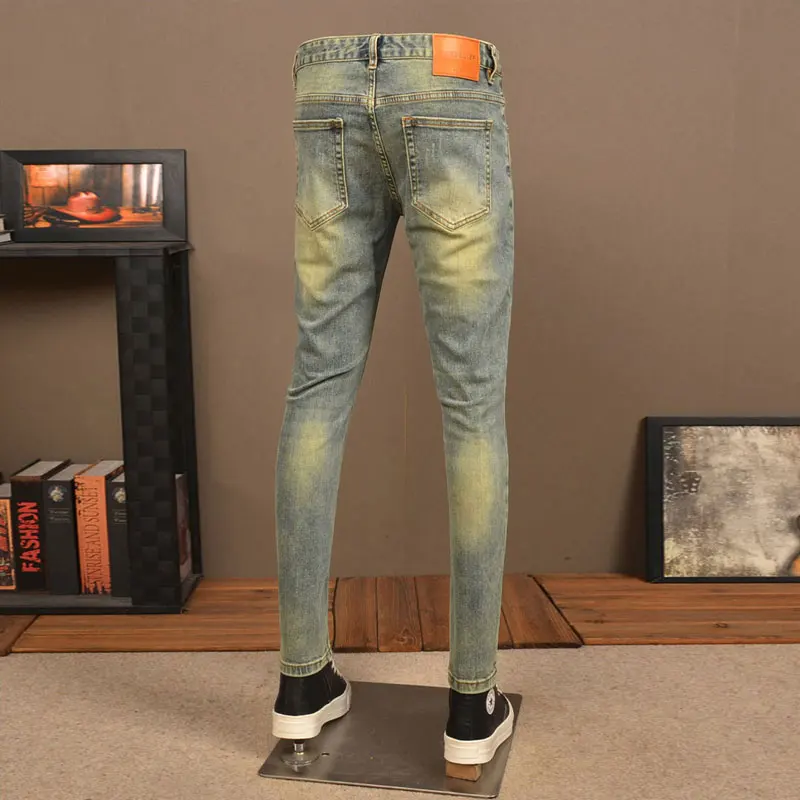 Homens retro lavado jeans rasgado, calça lápis, azul, stretch, ajuste magro, buraco, vintage, designer, hip hop, moda de rua