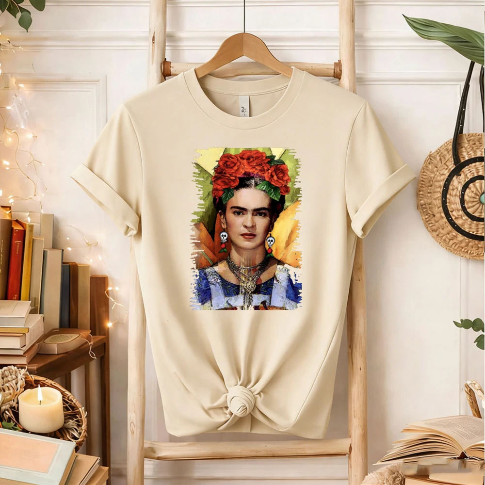 Mexican Clothes Woman Frida Kahlo Art Portrait T-Shirt Vintage Mexican Artist Casual Cotton Short Sleeve Retro Boho Streetwear