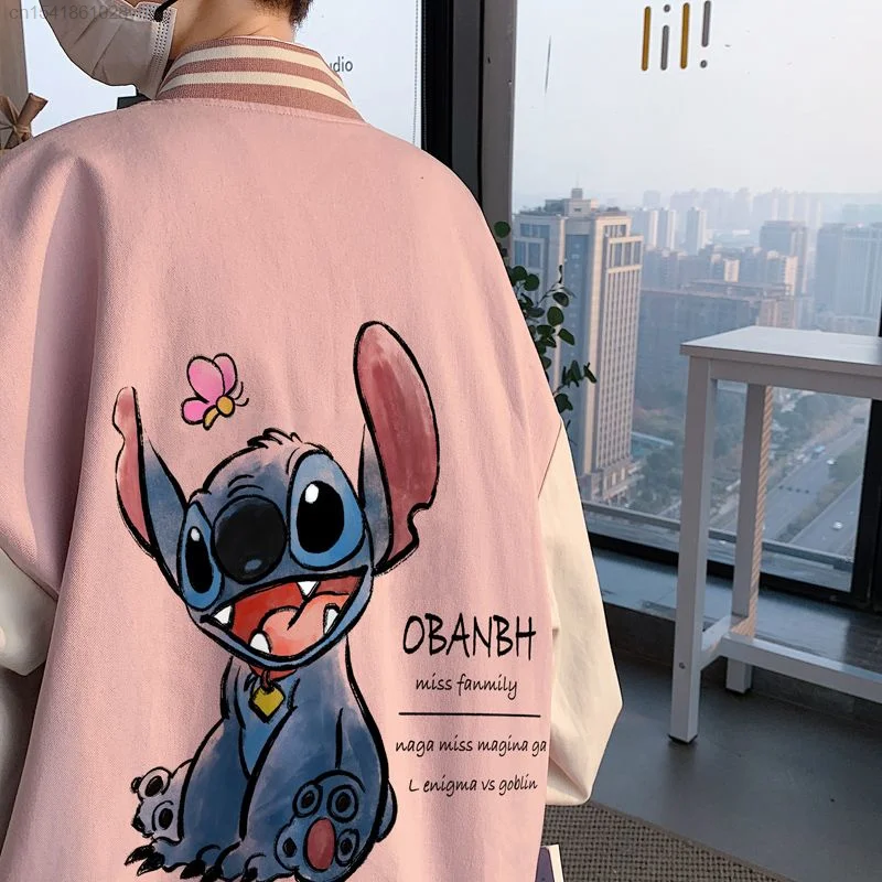 Disney Stitch Baseball Jacket Men\'s Yk2 Hip Hop Casual Cardigan Jacket Oversized Korean Trendy Coat Women Girls Harajuku Hoodie