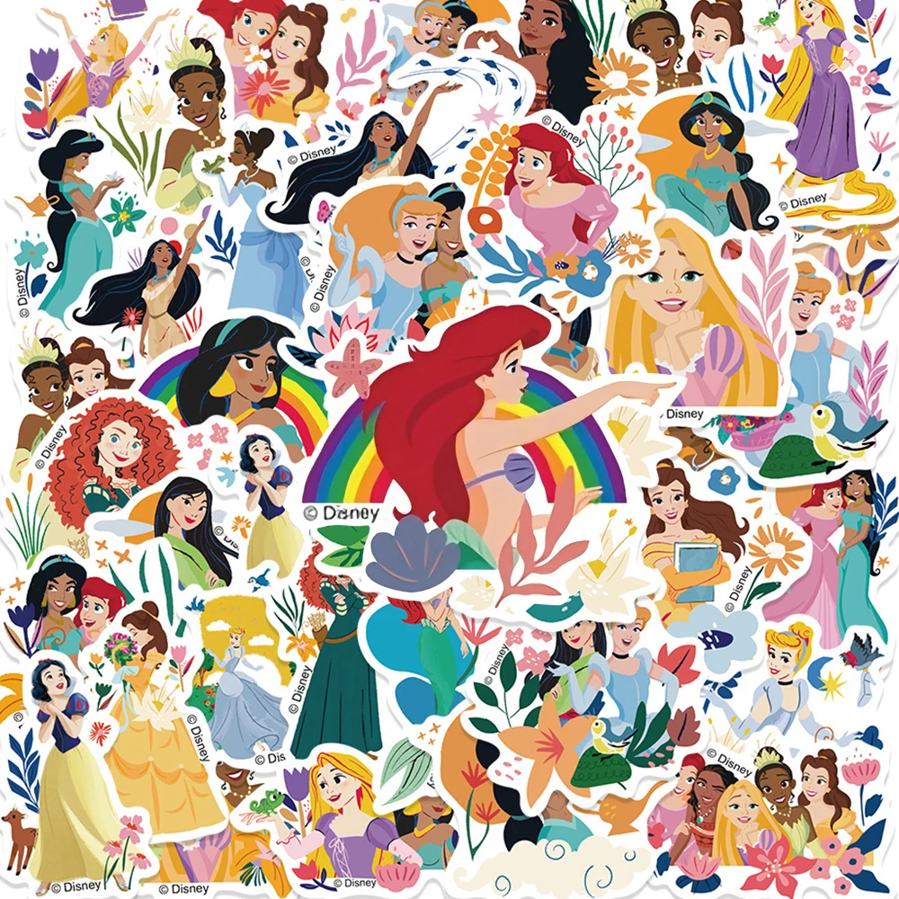 50pcs Cute Mix Disney Princess Stickers Aesthetic Kawaii Rapunzel Ariel Cartoon Decals Waterproof Graffiti Stationery Phone Case - view 2