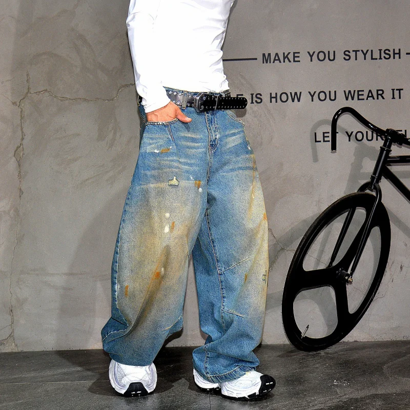 

Vintage American Curved Wide Leg Denim Jeans Men, Vibe Distressed Stylish Floor-Length Pants