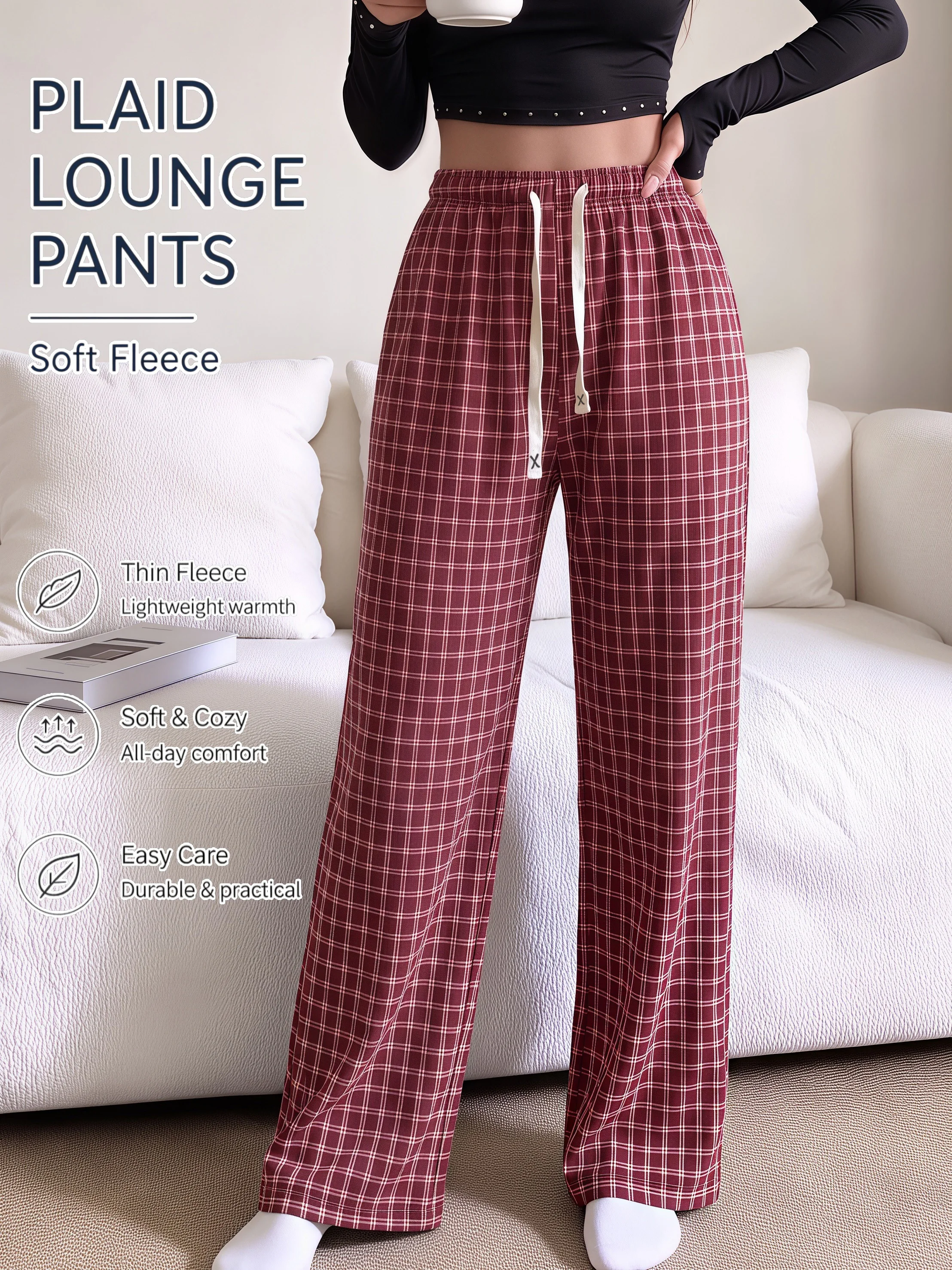 Women’s Plaid Light Fleece Wide Leg Pants Soft Drawstring Draped Straight Trousers Warm Skin Friendly Winter Bottoms for Home