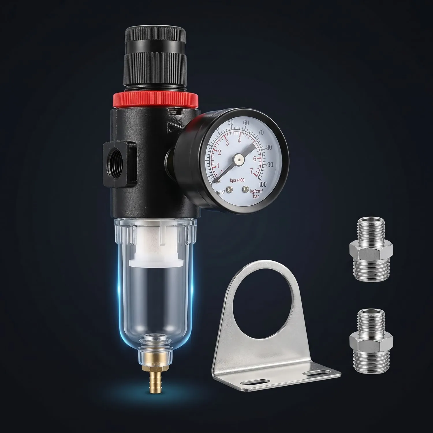 

Joystar Pressure Regulator Water Trap Filter for Airbrush Compressor - 1/4" BSP Thread Moisture Separator with Gauge, 0-100 PSI