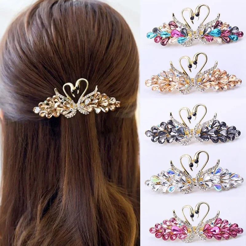 Gold Swan Hair Clips Colorful Rhinestones Headwear Novelty Swan Barrettes Beautiful Woman Hair Accessories Mixed Color Wholesale